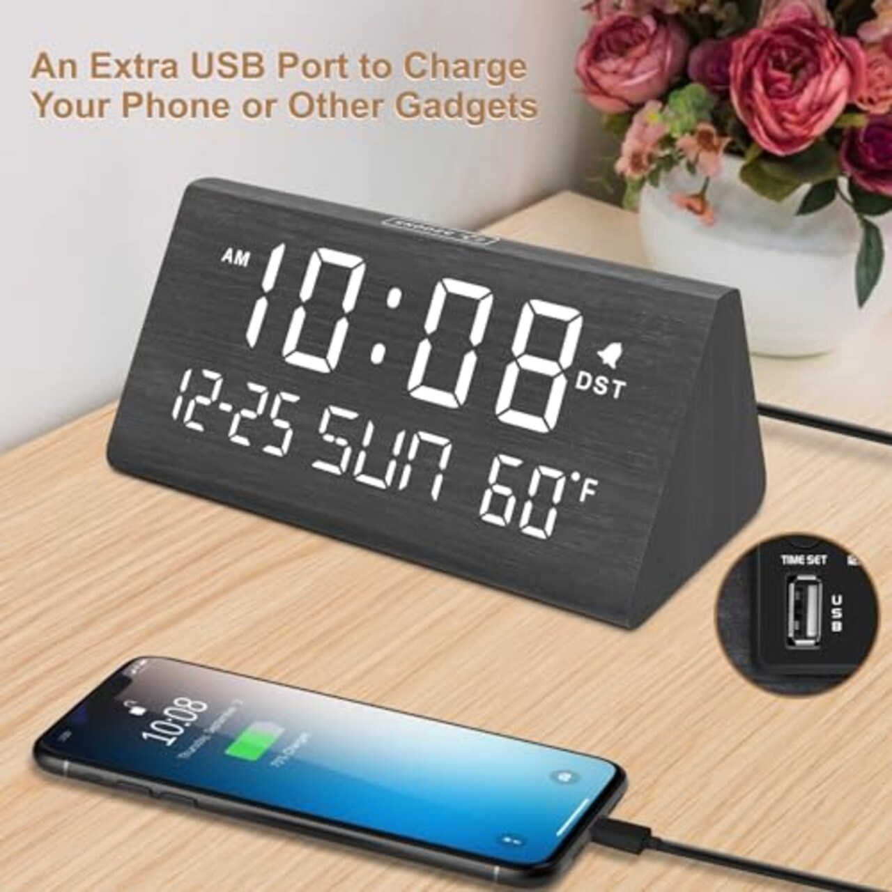 Digital Alarm Clocks for Bedrooms - Wooden Electric Clock with USB Ports, Date, Weekday, Temperature, 0-100% Brightness Dimmer, Adjustable Alarm Volume, Snooze, Auto DST